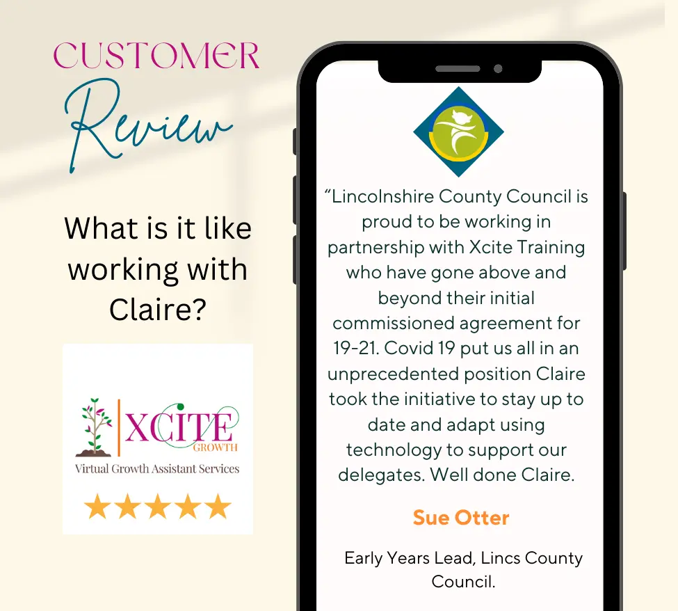 Picture of phone showing a glowing review for Xcite services. Title is Customer review: What is it like working with Claire?