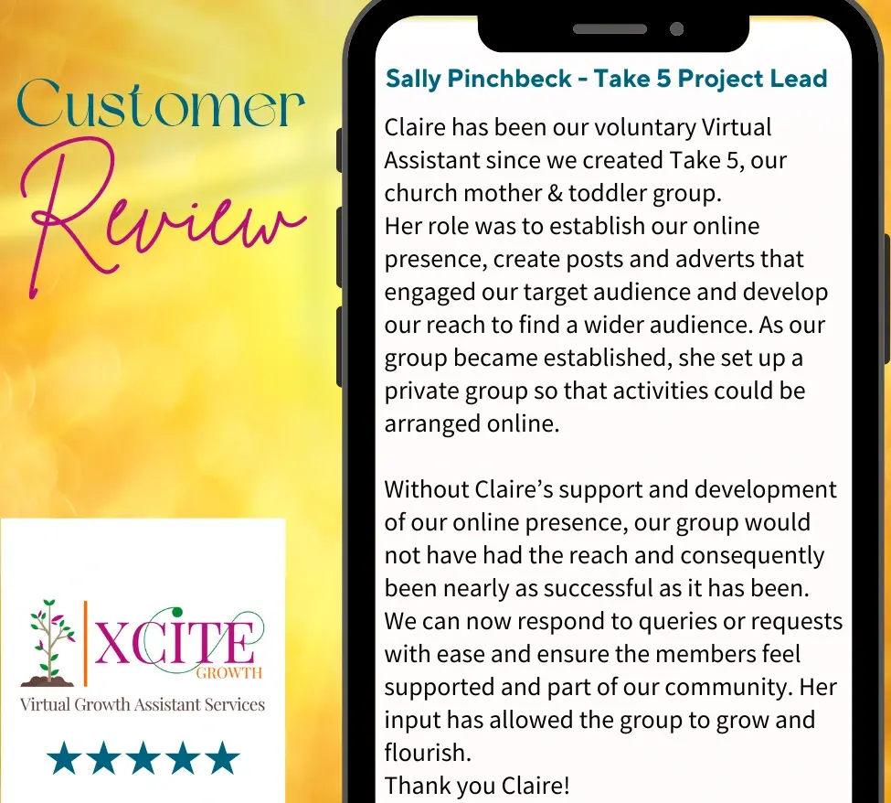 Picture shows a Client Review heading with a phone containing a written testimony about working with Claire from Xcite Growth Services.