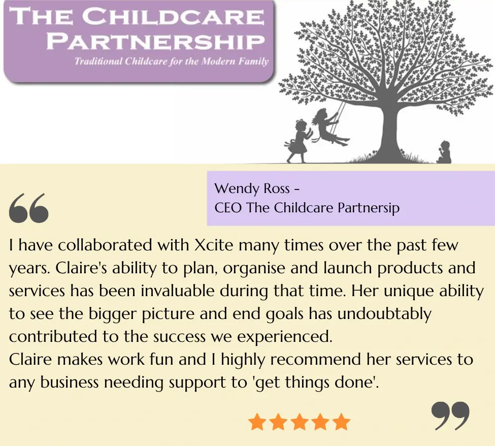 Picture shows a logo for The Childcare Partnership and a written review of the collaborative work done in partnership with Xcite Training.